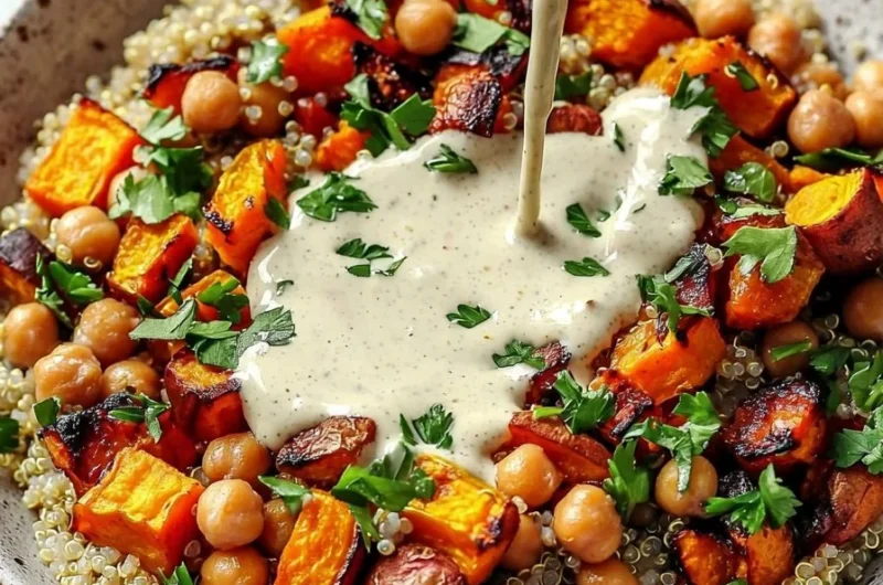 Harvest Quinoa Bowl topped with creamy tahini dressing and fresh vegetables