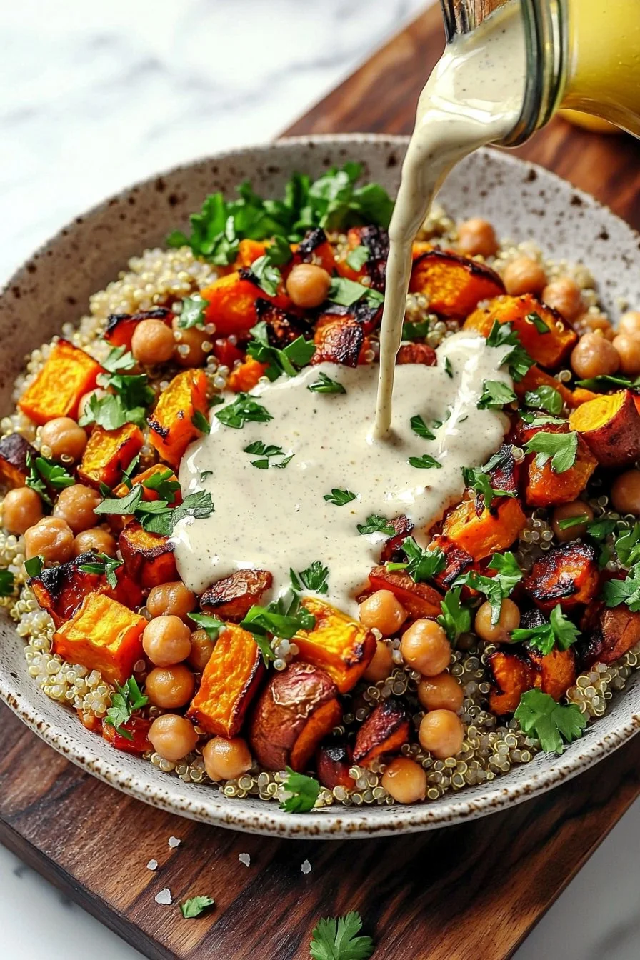 Harvest Quinoa Bowl topped with creamy tahini dressing and fresh vegetables