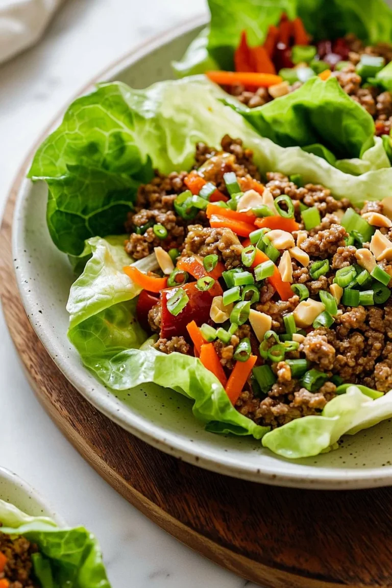 Healthy ground turkey lettuce wrap bowls topped with fresh vegetables