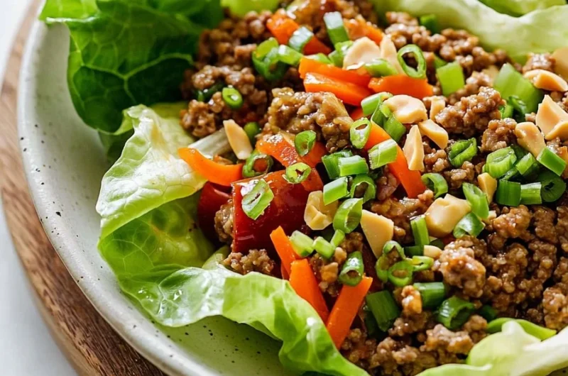 Healthy ground turkey lettuce wrap bowls topped with fresh vegetables