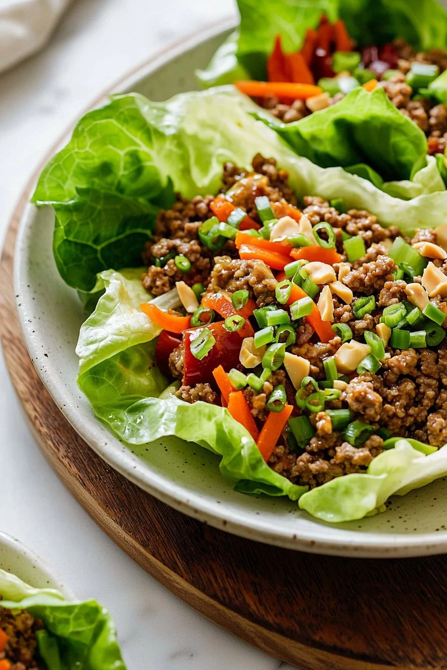 Healthy ground turkey lettuce wrap bowls topped with fresh vegetables