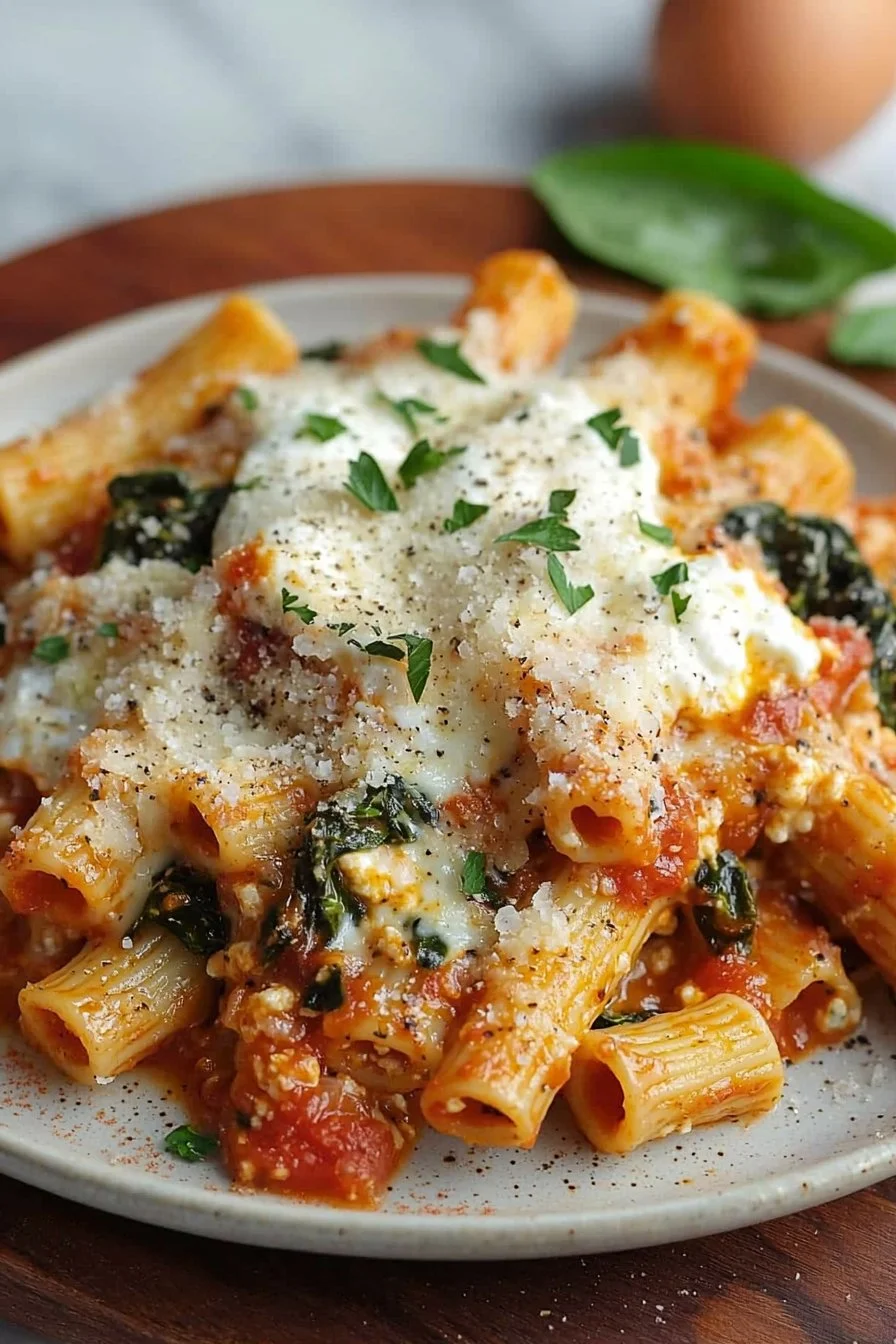 Healthy high-protein cottage cheese baked ziti dish served in a bowl