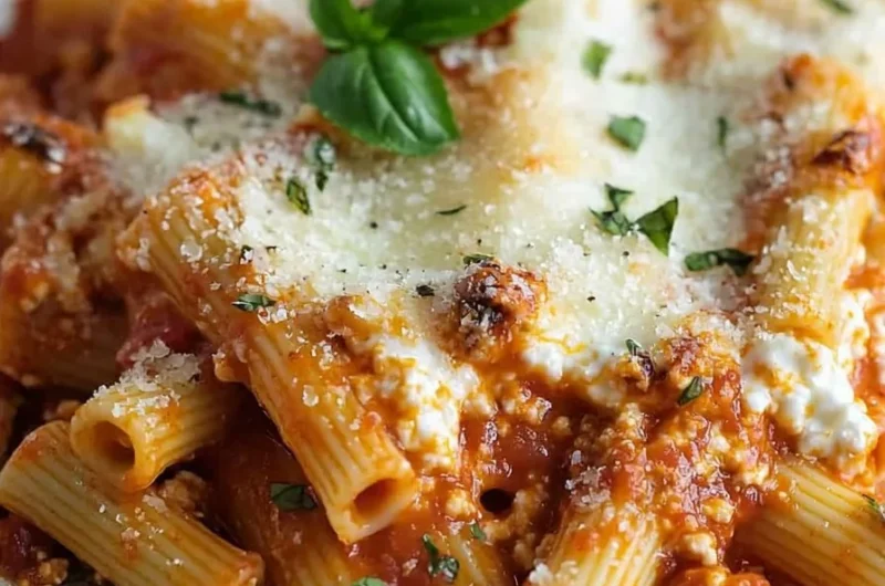 Healthy high protein cottage cheese baked ziti dish served on a plate