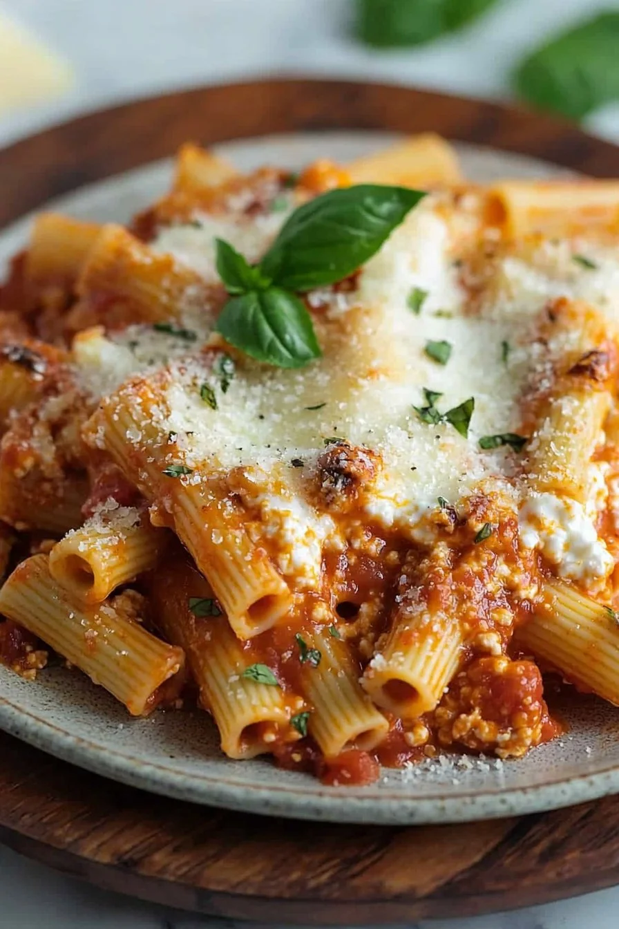 Healthy high protein cottage cheese baked ziti dish served on a plate