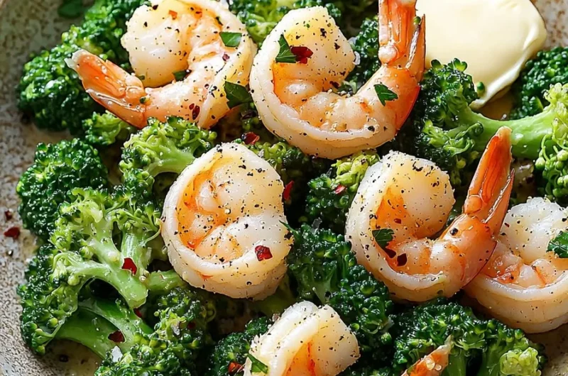 Healthy one-pan garlic butter shrimp and broccoli dish ready to serve