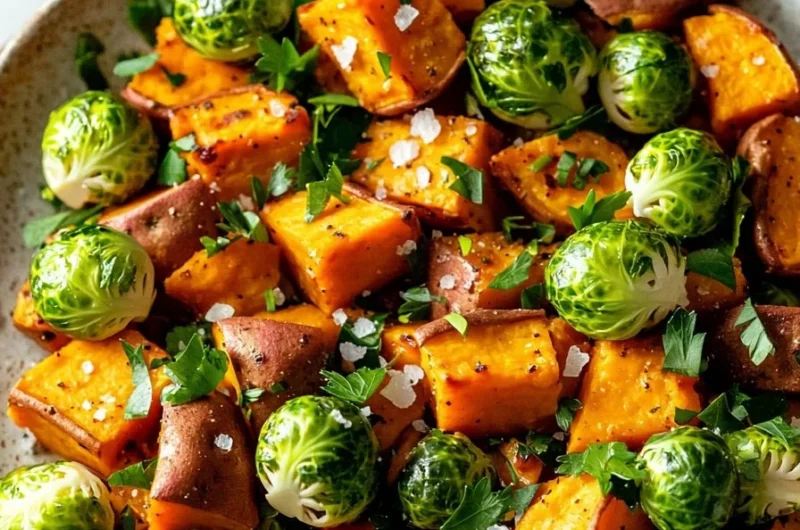 Healthy sweet potato brussel sprout hash served in a bowl with fresh herbs