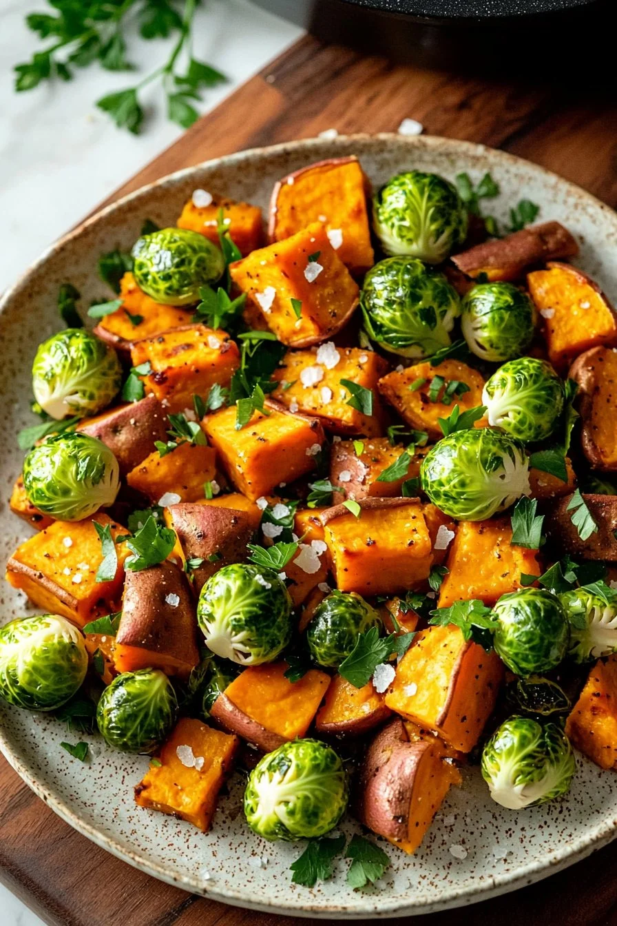 Healthy sweet potato brussel sprout hash served in a bowl with fresh herbs