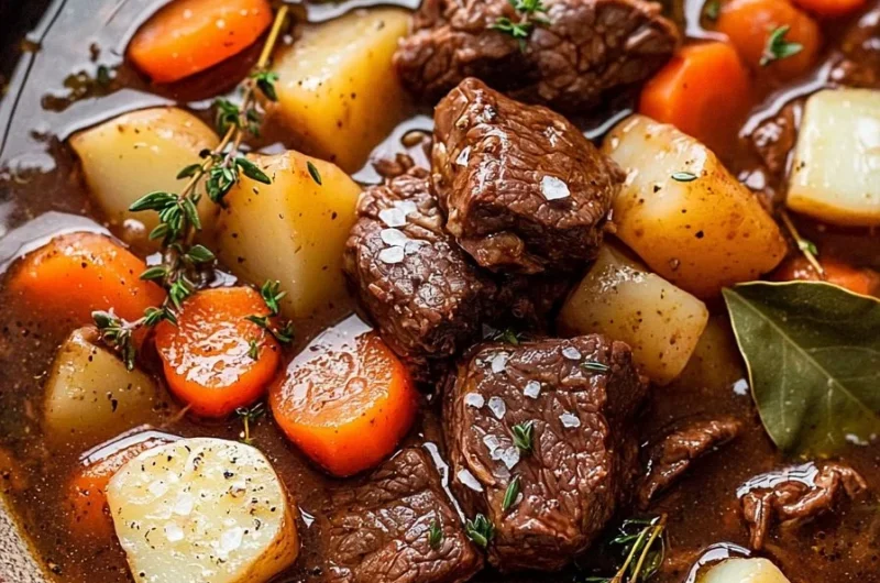 Hearty Dutch oven beef stew filled with tender meat and fresh vegetables