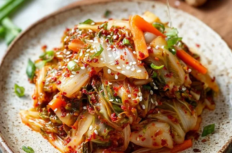 Bowl of homemade Korean cabbage kimchi with vibrant colors and spices