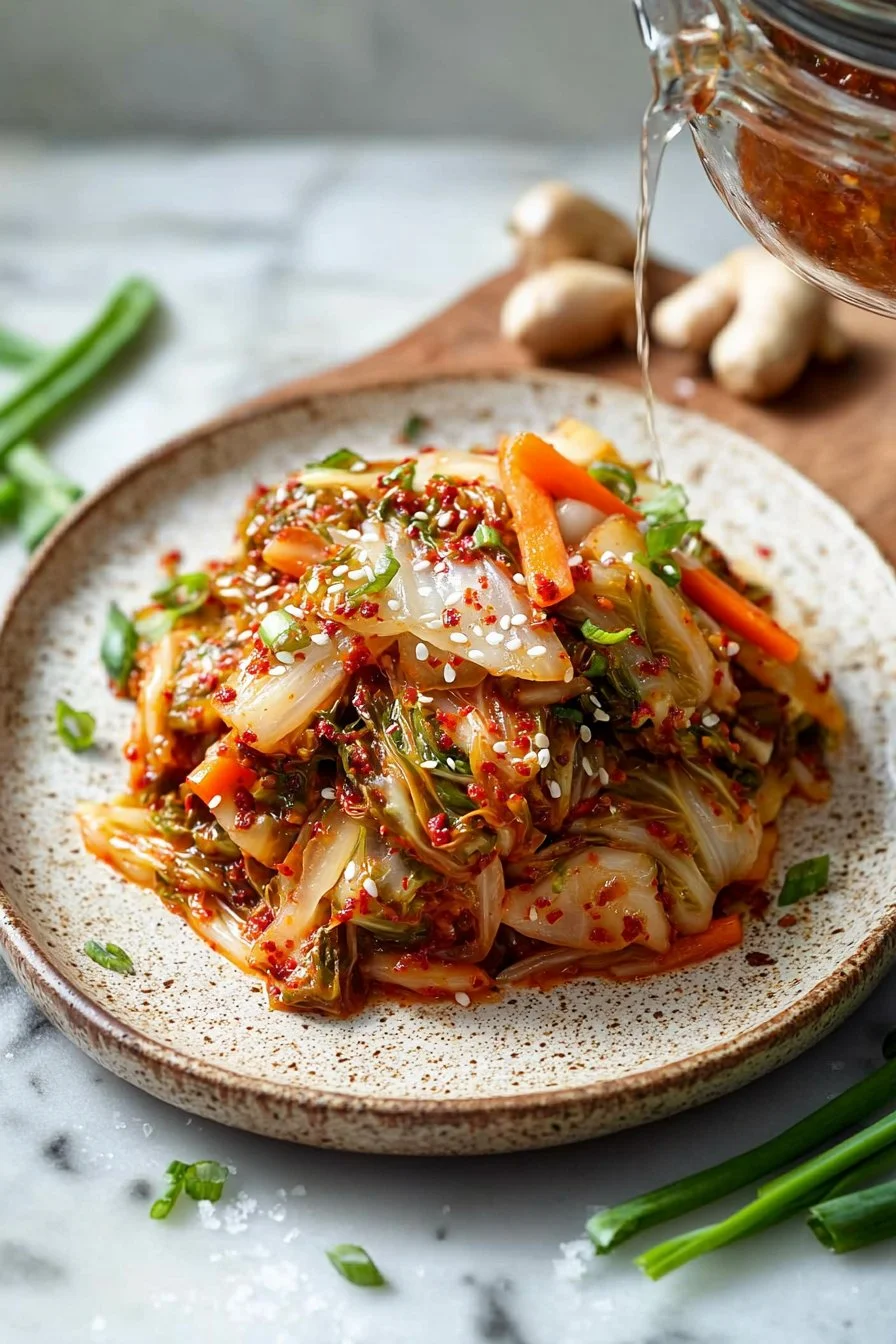 Bowl of homemade Korean cabbage kimchi with vibrant colors and spices