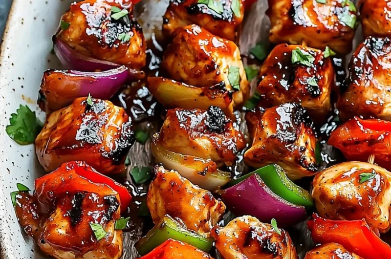 Juicy honey BBQ chicken skewers on a grill, perfect for summer cookouts