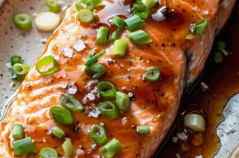 Maple Bourbon Glazed Salmon fillet served on a white plate with garnish.