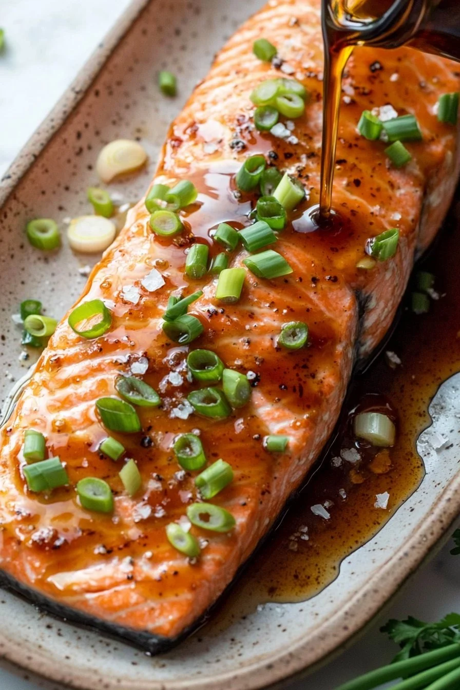 Maple Bourbon Glazed Salmon fillet served on a white plate with garnish.