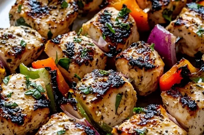 Juicy Marinated Greek Chicken Kabobs on skewers, ready for grilling