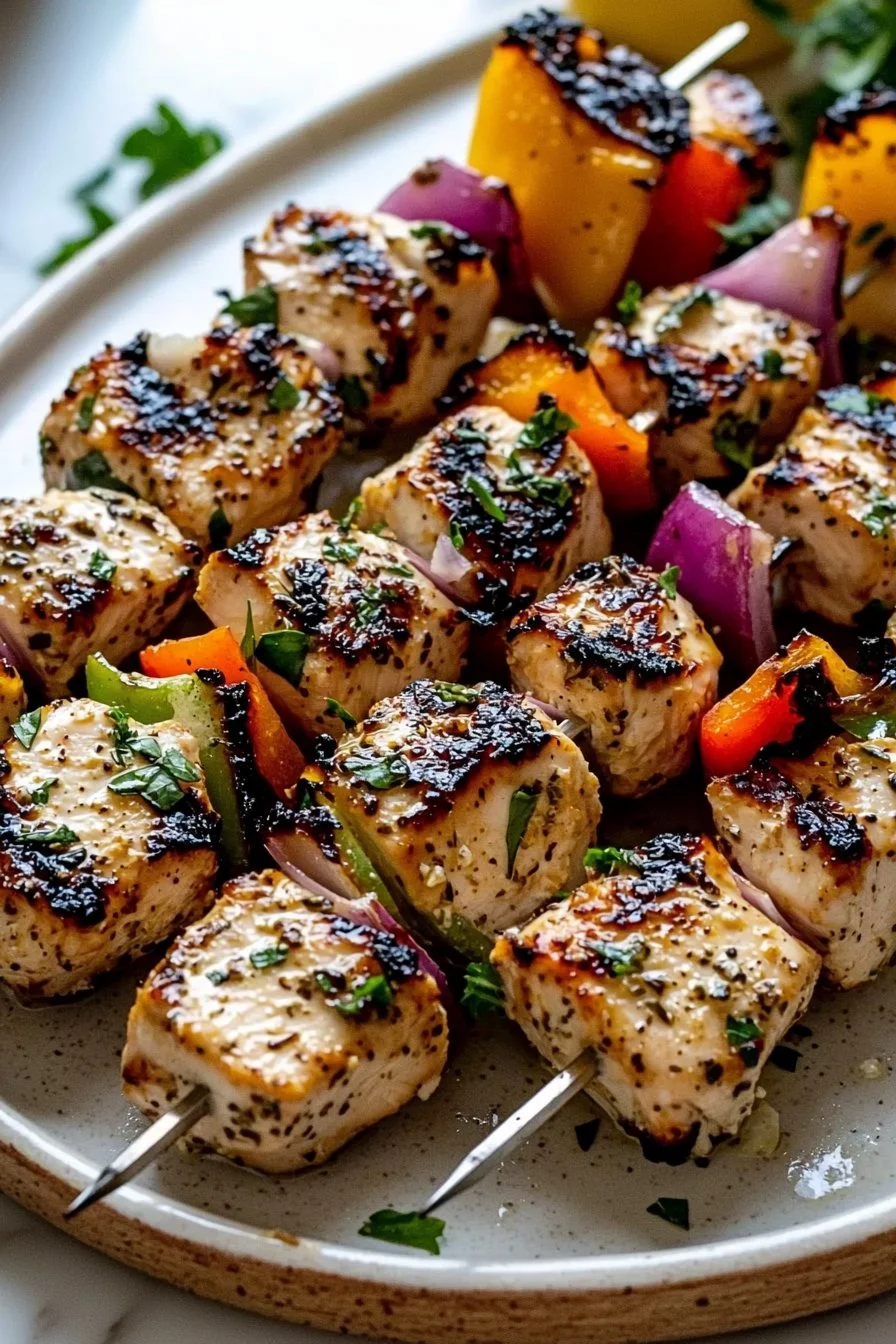 Juicy Marinated Greek Chicken Kabobs on skewers, ready for grilling