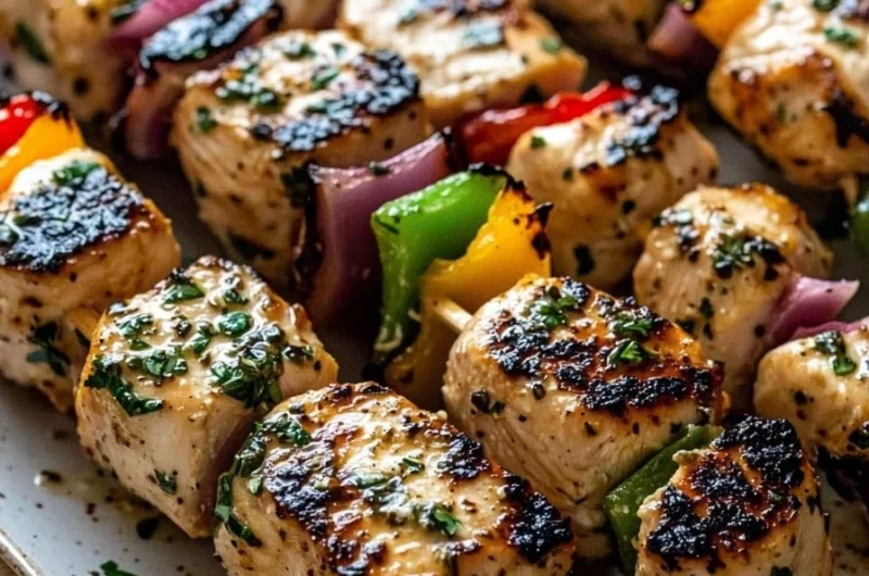 Delicious marinated Greek Chicken Kabobs on skewers with vegetables