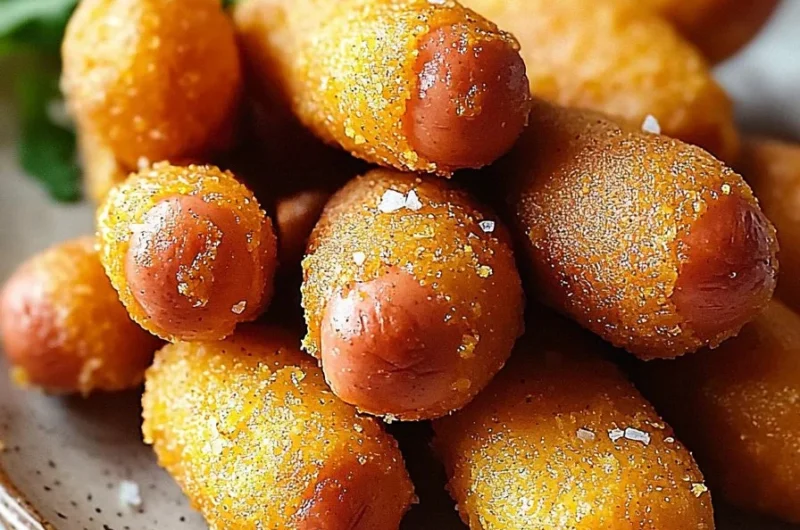 Plate of crispy mini corn dogs served with dipping sauce