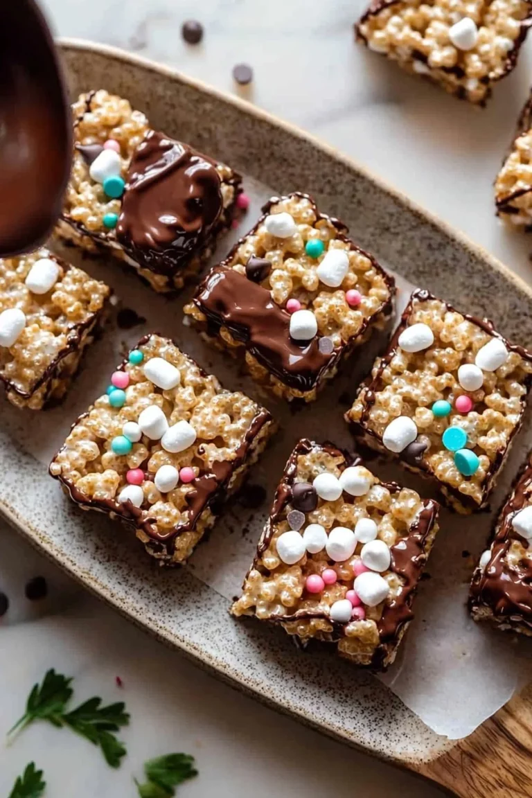 No bake chocolate dipped rice krispy treats on a white plate