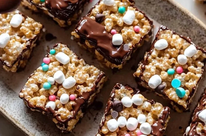 No bake chocolate dipped rice krispy treats on a white plate