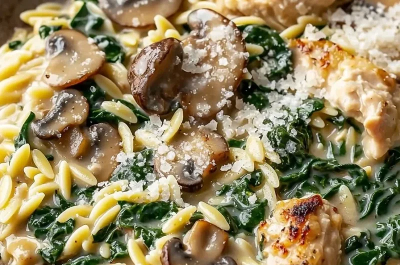 One-Pan Creamy Spinach Mushroom Orzo with Chicken in a skillet