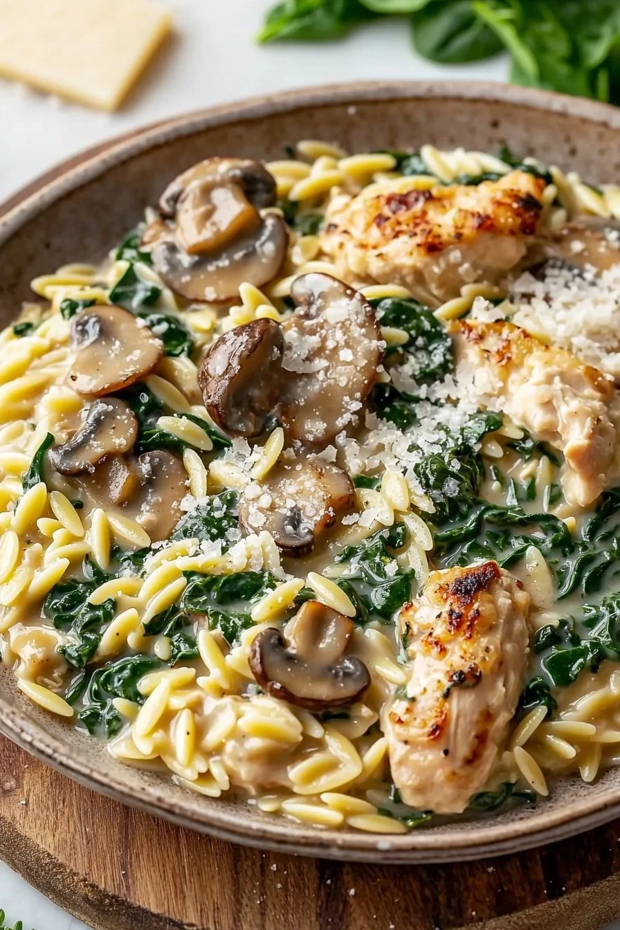 One-Pan Creamy Spinach Mushroom Orzo with Chicken