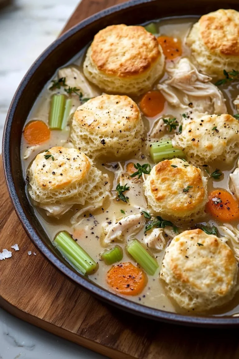 One pot chicken and dumplings with biscuits in a rustic bowl