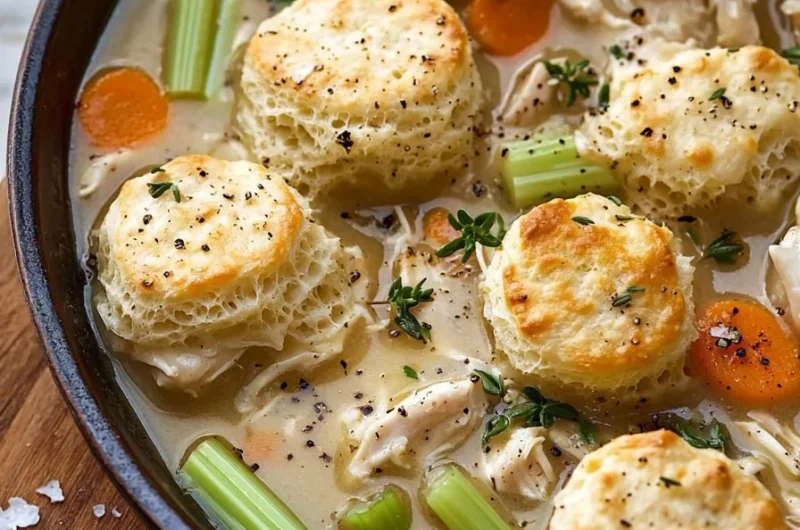 One pot chicken and dumplings with biscuits in a rustic bowl