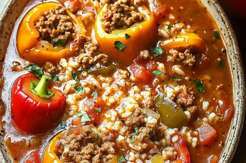 One-Pot Stuffed Bell Pepper Soup with Ground Turkey served in a bowl