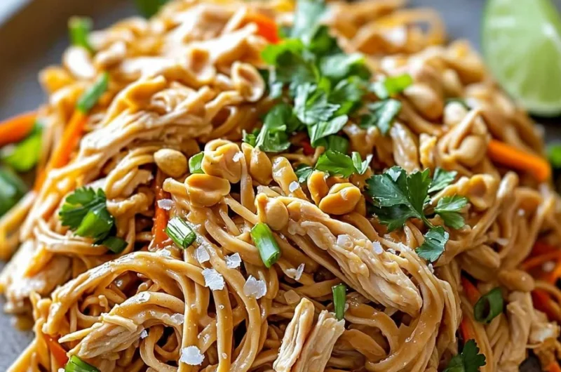 Delicious peanut noodles topped with rotisserie chicken and fresh vegetables.