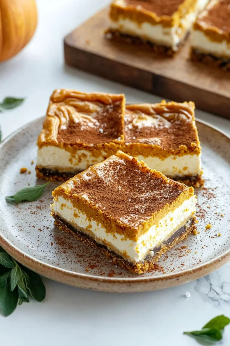 Delicious Pumpkin Cheesecake Bars topped with whipped cream and spices
