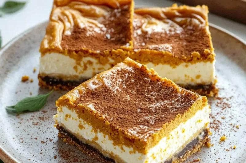 Delicious Pumpkin Cheesecake Bars topped with whipped cream and spices