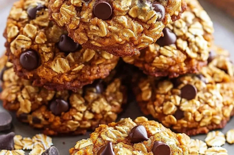 Pumpkin chocolate chip oatmeal cookies on a rustic wooden table