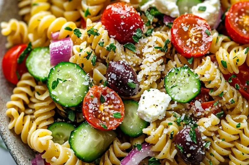 Delicious Quick Mediterranean Pasta Salad with fresh vegetables and herbs