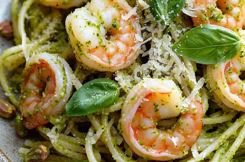 Quick pistachio pesto pasta with shrimp served in a bowl