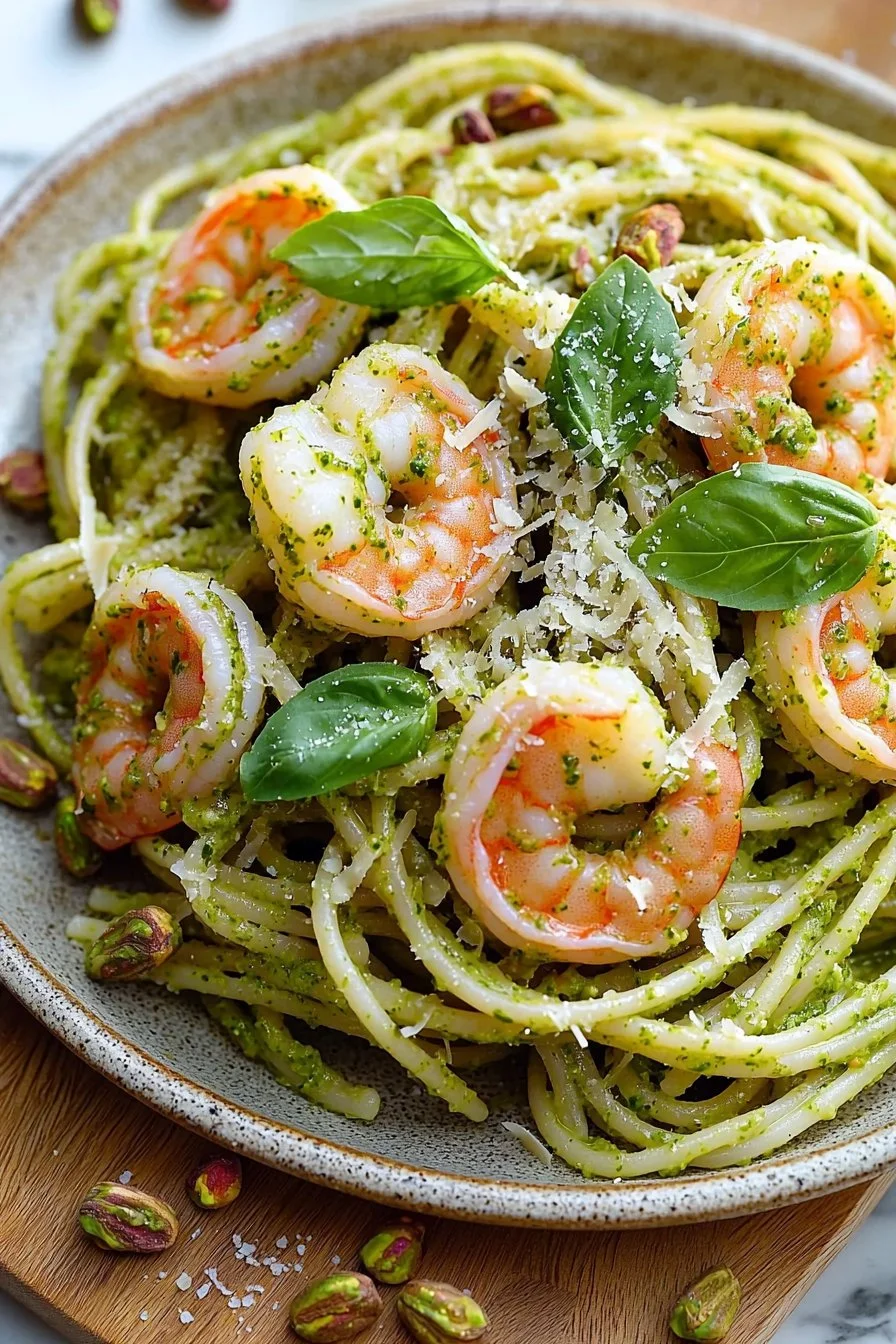 Quick pistachio pesto pasta with shrimp served in a bowl