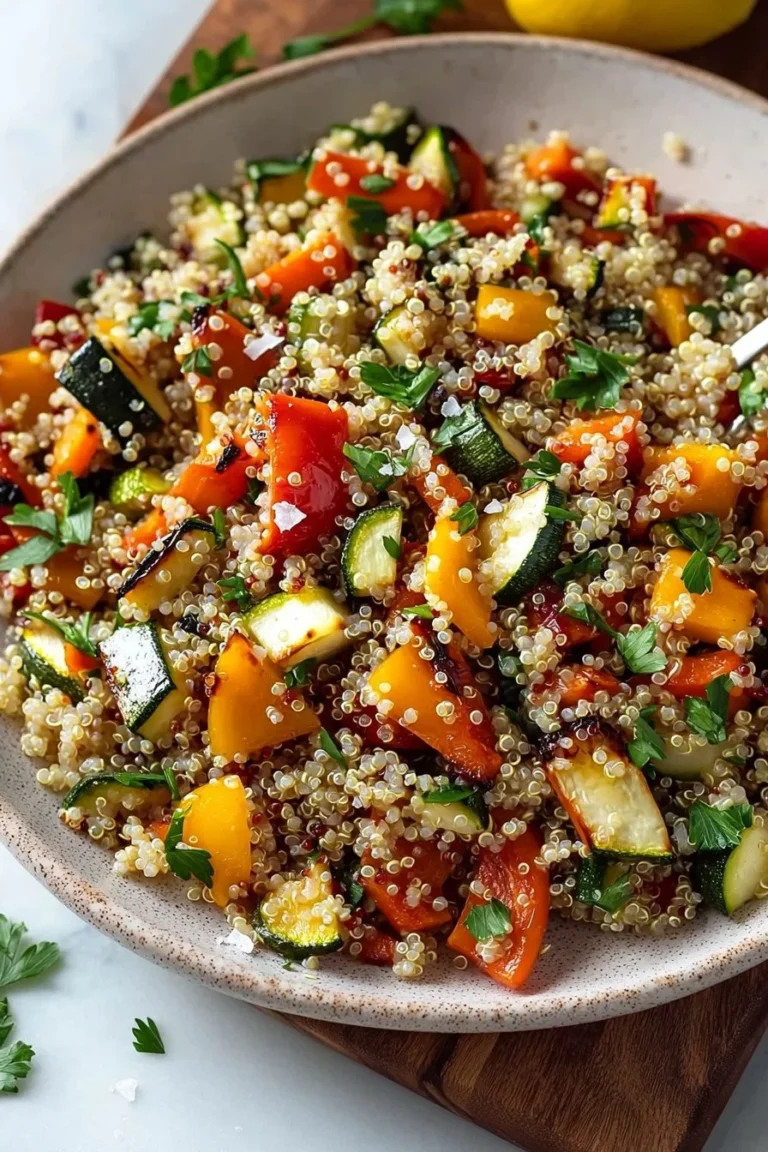 Quick quinoa salad topped with colorful roasted vegetables