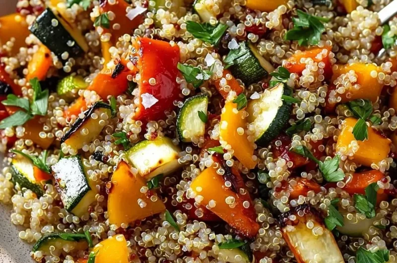 Quick quinoa salad topped with colorful roasted vegetables
