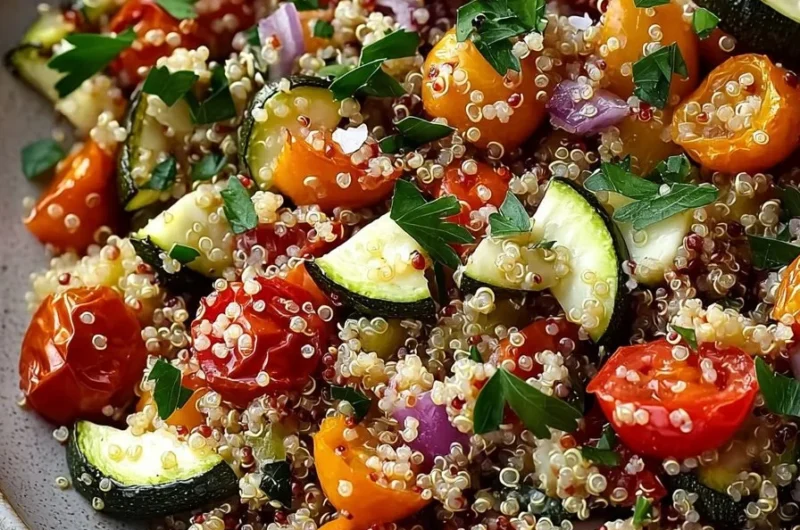 Quick quinoa salad with roasted vegetables in a colorful bowl