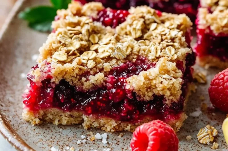 Delicious raspberry crumble bars topped with buttery crumble