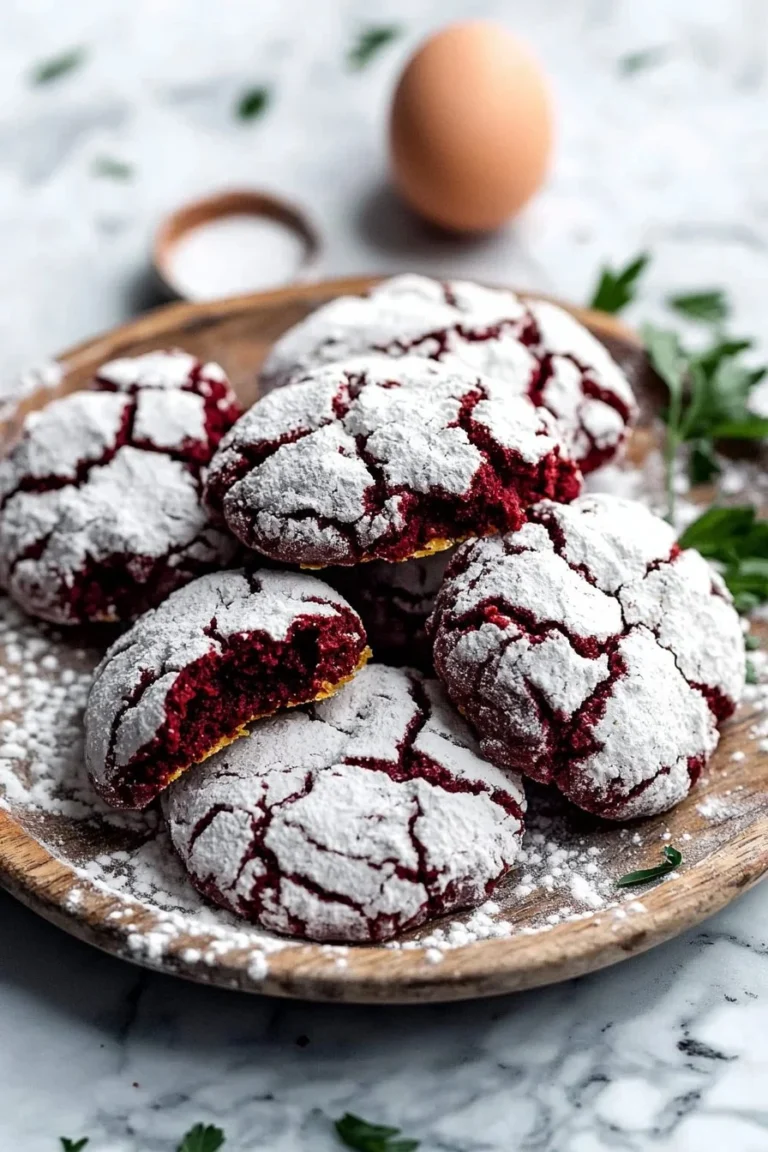 Freshly baked red velvet crinkle cookies on a cooling rack