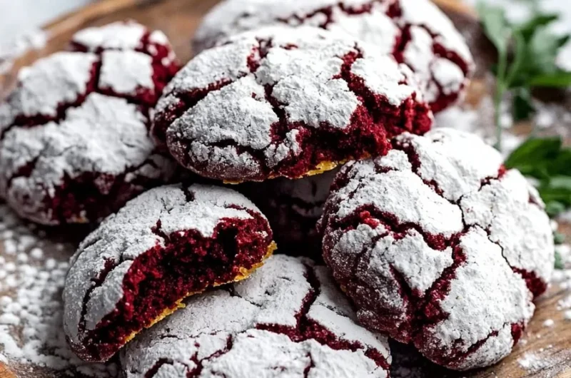Freshly baked red velvet crinkle cookies on a cooling rack