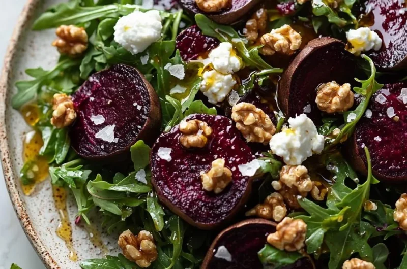 Delicious roasted beet salad with arugula and feta cheese