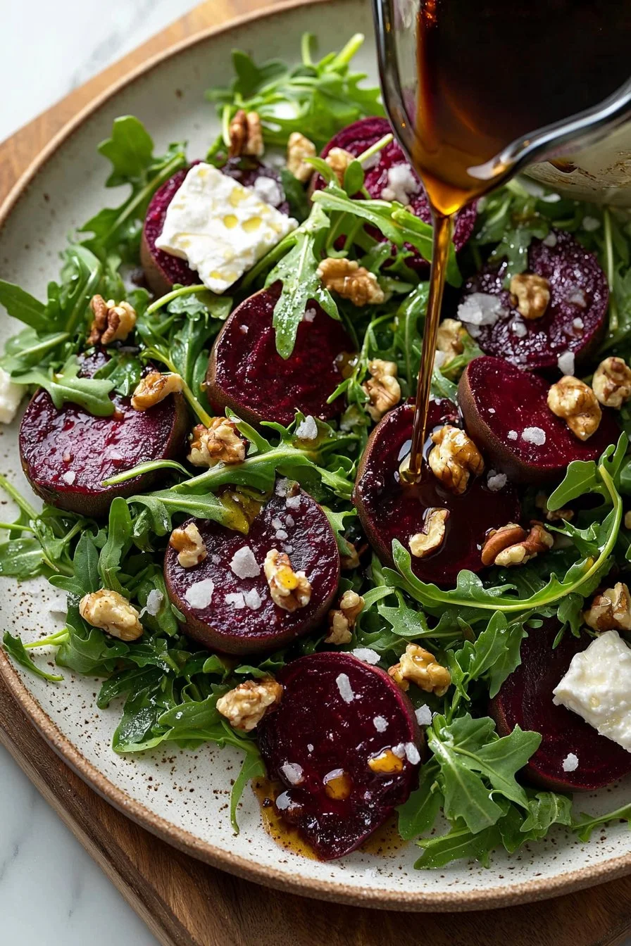 Roasted beet and arugula salad with feta cheese and walnuts