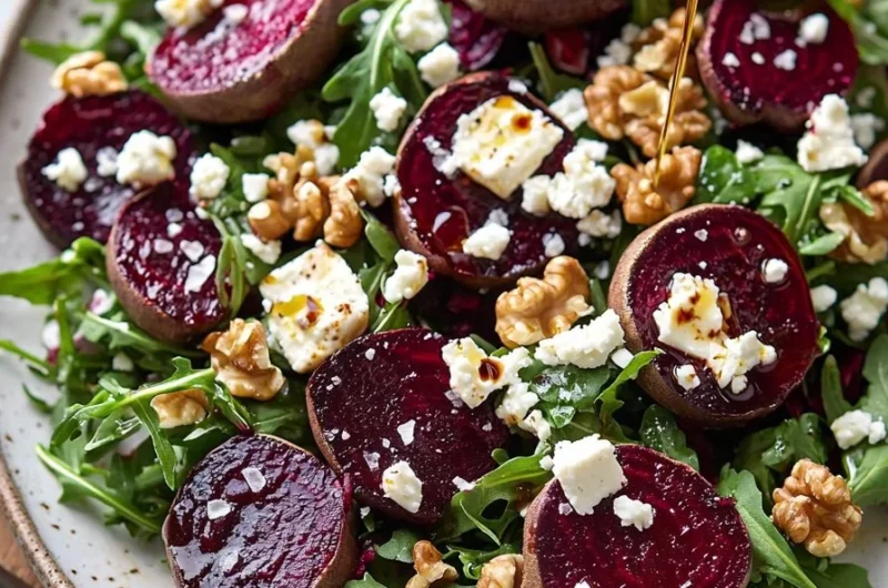 Roasted Beet and Arugula Salad garnished with nuts and cheese