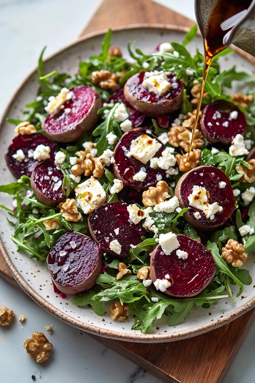 Roasted Beet and Arugula Salad garnished with nuts and cheese