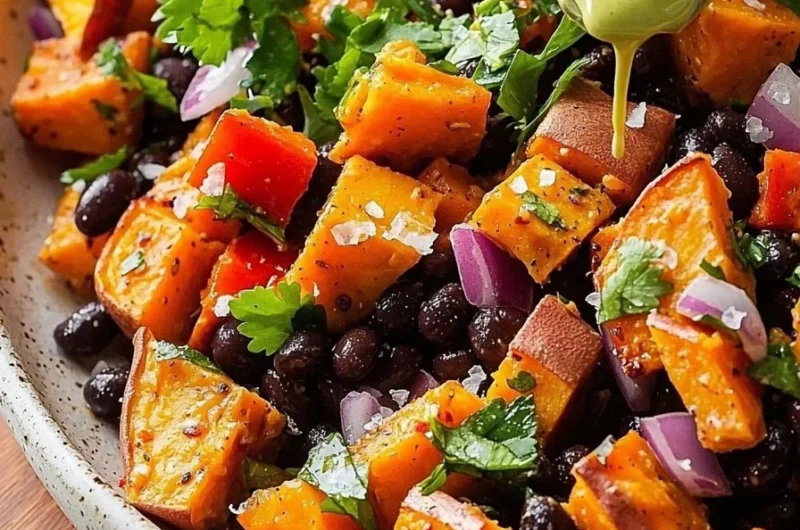 A vibrant roasted sweet potato black bean salad with fresh ingredients
