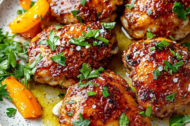 Delicious sheet pan harissa orange chicken thighs ready to serve