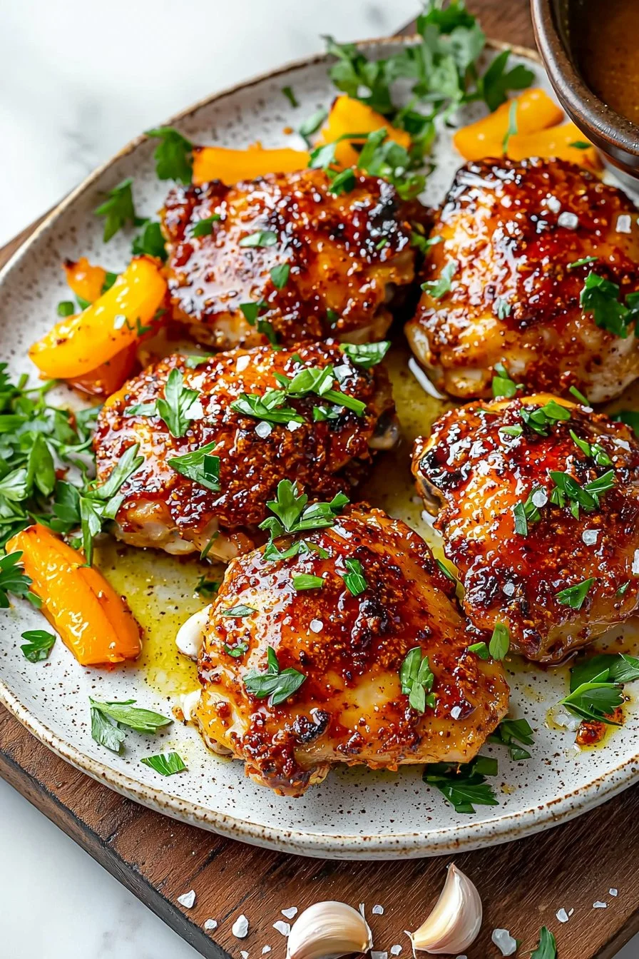 Delicious sheet pan harissa orange chicken thighs ready to serve