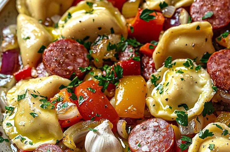 Delicious sheet pan pierogies and kielbasa ready to serve.