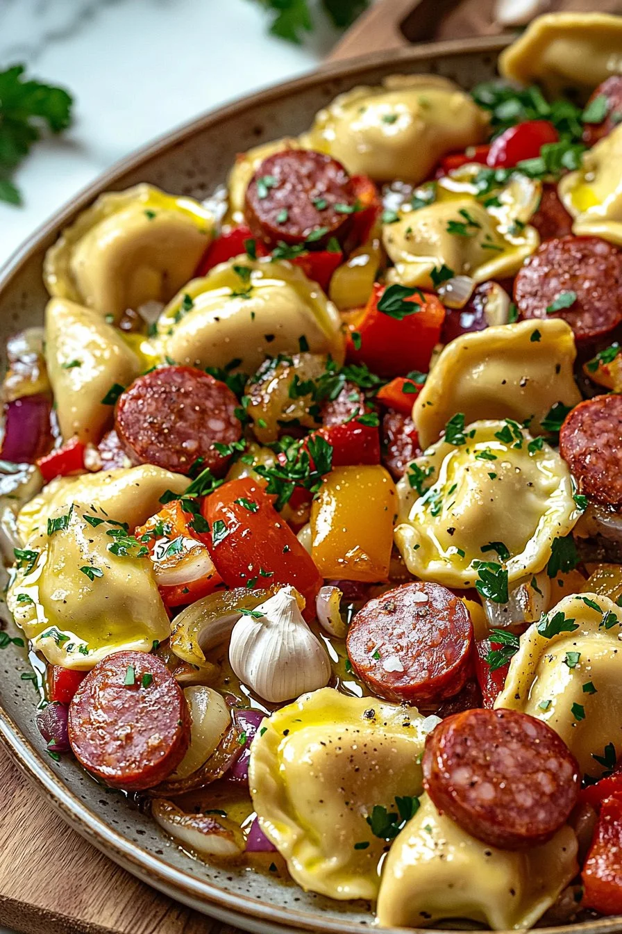 Delicious sheet pan pierogies and kielbasa ready to serve.